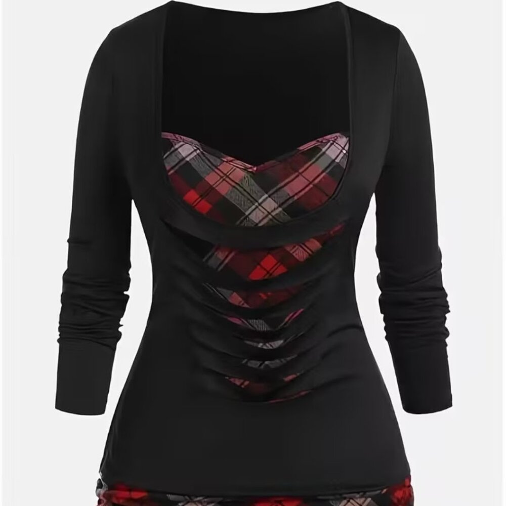 Black w/buffalo plaid spliced layered top cinched sides Flattering Size Small, S